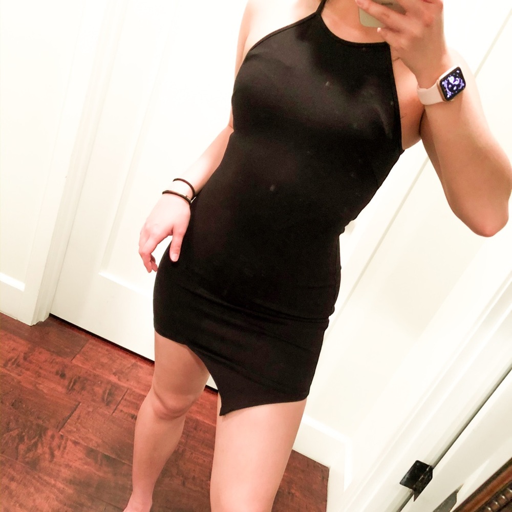 Black bodycon halter neck asymmetrical dress